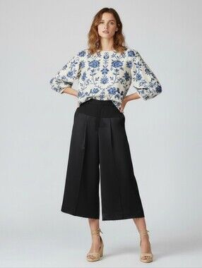 Sea New York Black Satine Virgin Wool Wide Leg Raw Edge Cropped Pants, NWT,  2